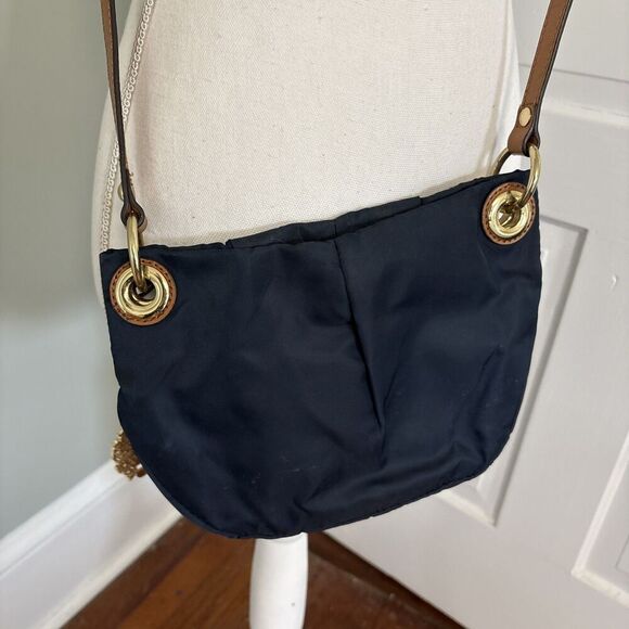 Vince Camuto Cris Blue Nylon Brown Leather Crossbody Tassel Bag Gold - Picture 4 of 6